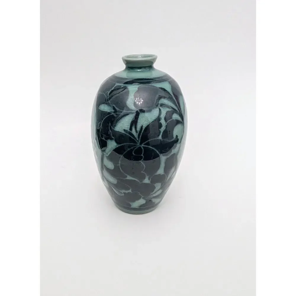 Celadon Green Japanese Cherry Plum Blossom Vase W Crazing Leaf Design 7.5